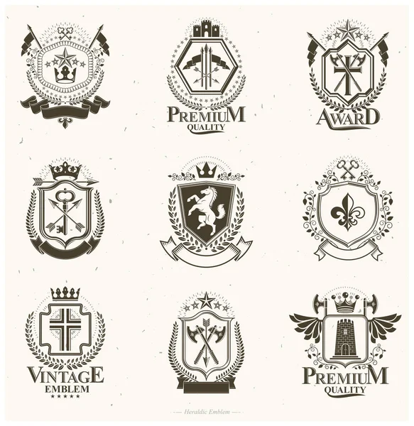 Heraldiska Vapenskölden Vintage Vektoremblem Klassisk Hög Kvalitet Symboliska Illustrationer Samling — Stock vektor