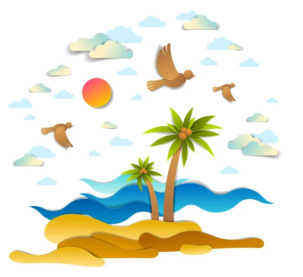 美丽的海景与海浪 沙滩和棕榈 鸟云和太阳在天空中 矢量插图剪纸风格 海滨夏日沙滩节日主题 — 图库矢量图片