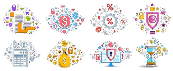 İş ve finans teması birçok basit simge, moda tasarım çizimleri ticari tema koleksiyonu, sembol ve işaret çeşitliliği ile farklı vektör illüstrasyonları.