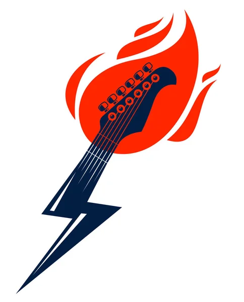 Cabeza Guitarra Eléctrica Llamas Forma Relámpago Guitarra Música Rock Caliente — Vector de stock