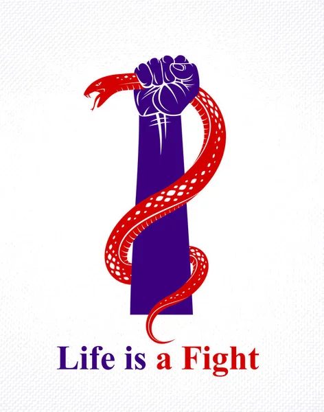 El yılanı sıkar, şeytana ve şeytana karşı savaşır, içindeki hayvanı kontrol eder, prototip gölge, hayat bir dövüş konseptidir, klasik vektör logosu ya da dövmedir..