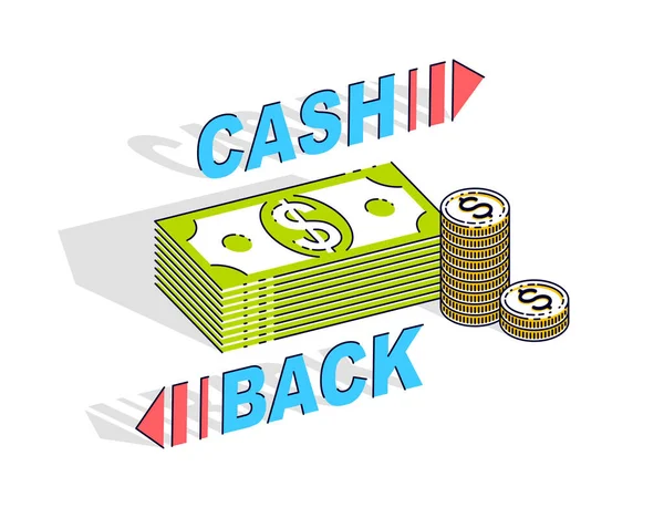 Cash Back Concetto Denaro Contanti Dollari Pile Cent Pile Monete — Vettoriale Stock