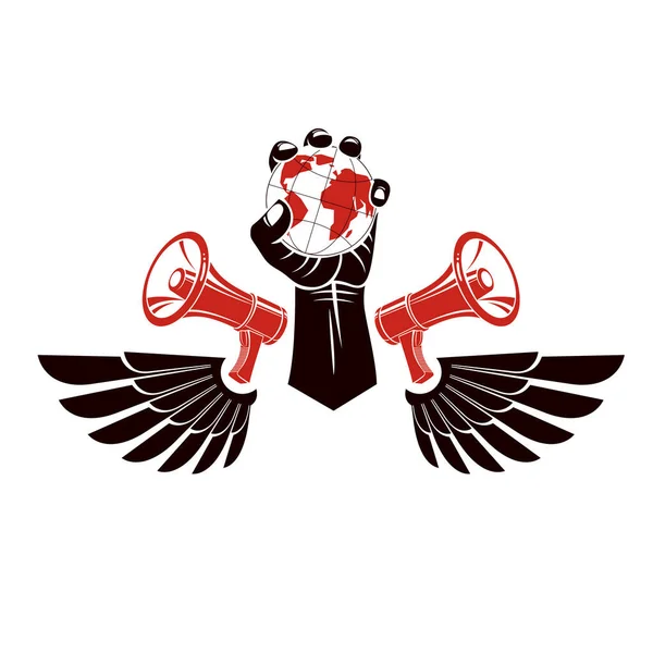 Emblema Vetor Decorativo Composto Com Muscular Levantado Punho Cerrado Segurando — Vetor de Stock
