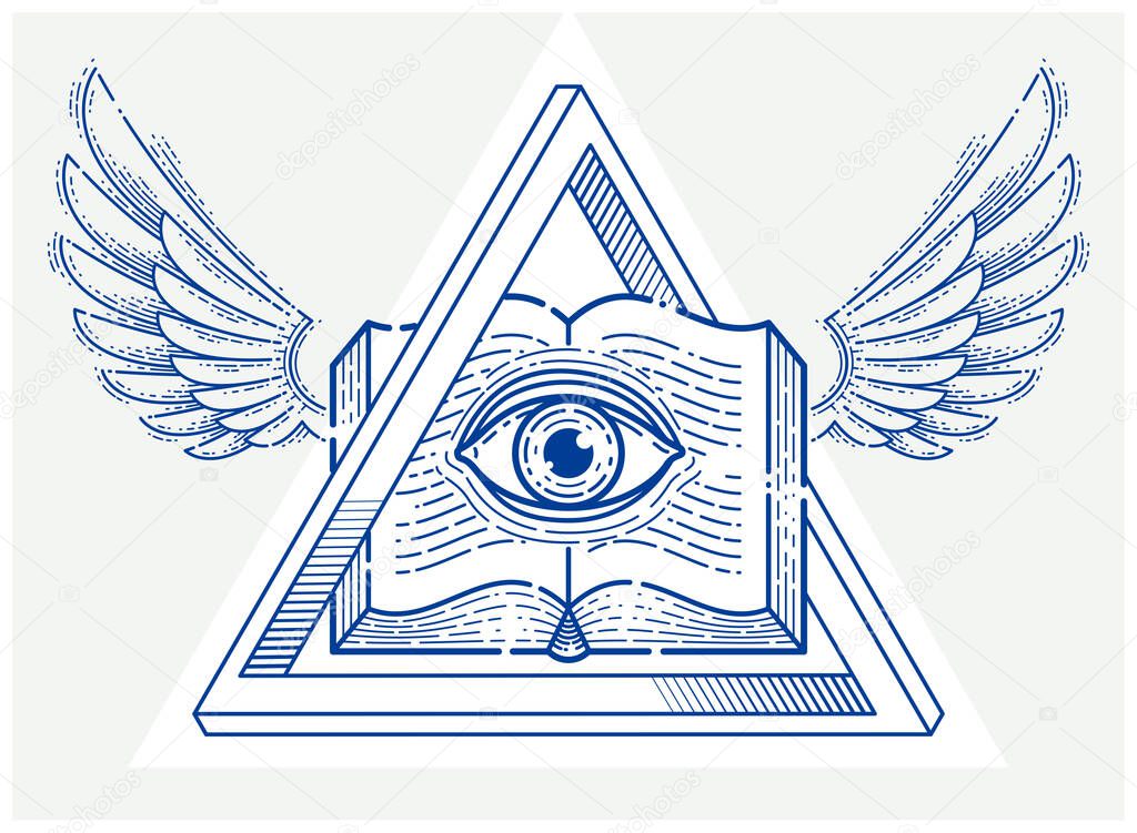 Secret knowledge vintage open winged book with all seeing eye of god in sacred geometry triangle, masonry or illuminati symbol, vector logo or emblem design element.