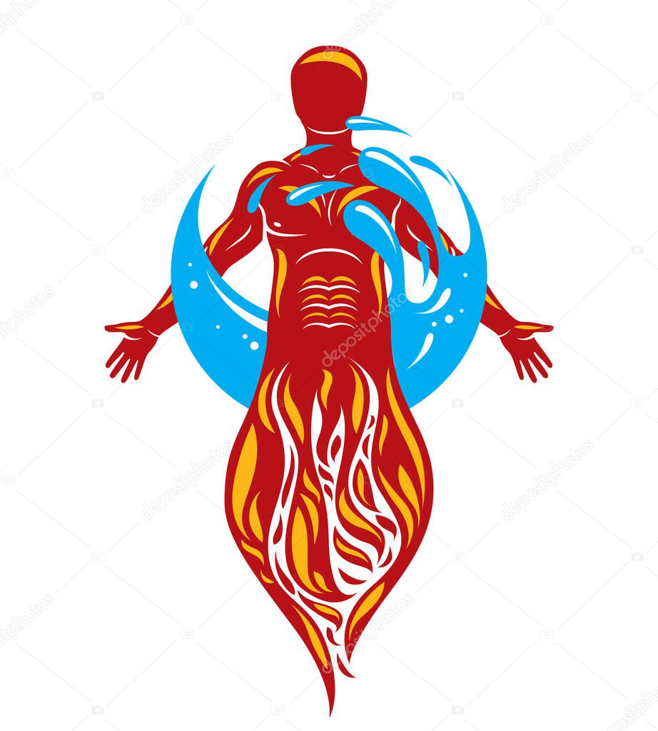 Vector illustration of human being standing, mythic ancient god. Prometheus surrounded by a water ball, water and fire diversity and harmony.