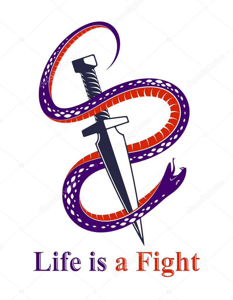 Dagger kills a Snake, defeated Serpent wraps around a sword vector vintage tattoo, Life is a Fight concept, life is no bed of roses, allegorical logo or emblem of ancient symbol.