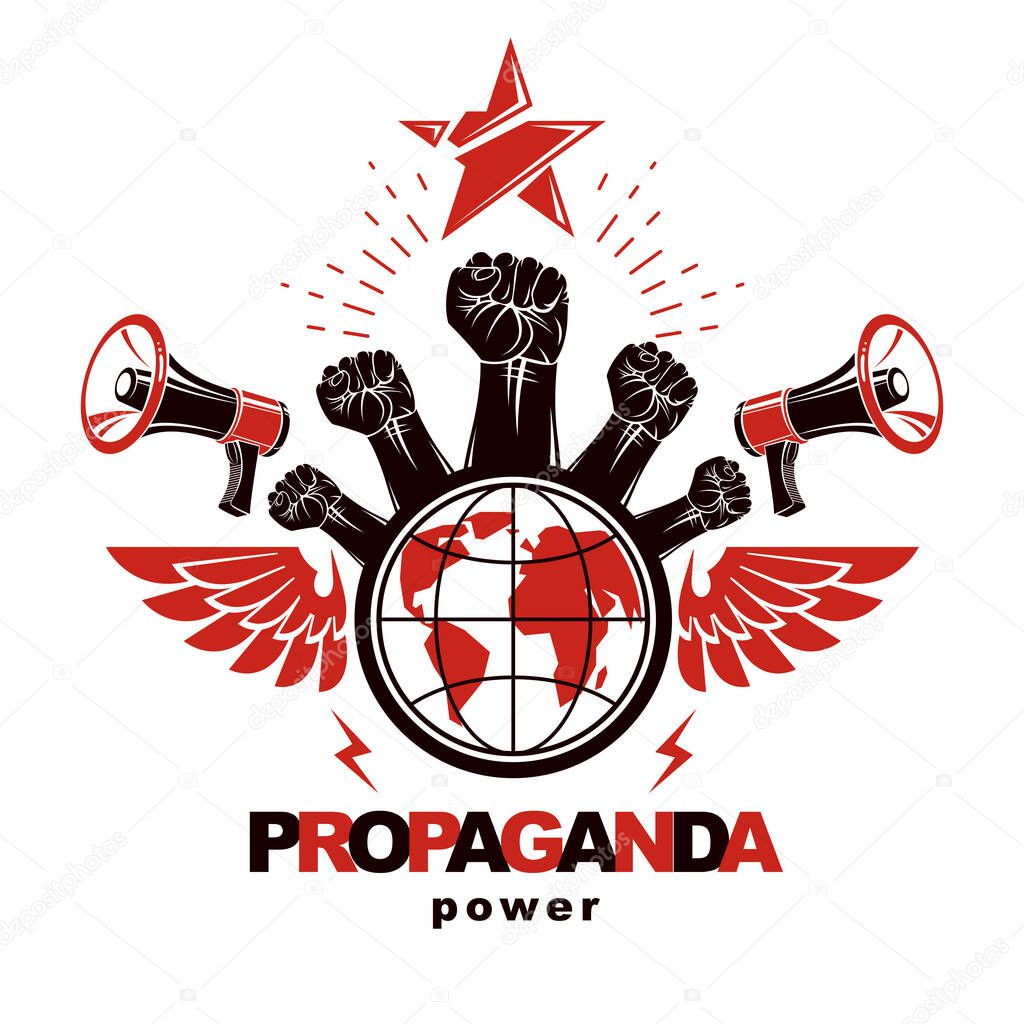 Marketing banner composed with loudspeakers, raised clenched fists and Earth planet, vector illustration. Propaganda as the means of influence on global public opinion.