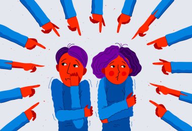 Utanç verici ve suçlayıcı vektör konsepti, elleri genç çifti işaret ediyor rahatsız ve korkmuş, sosyal gruplarda zalim ve hoşgörüsüz davranış ayrımcılığı sorunu.