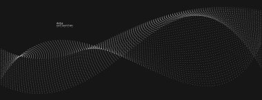 Koyu gri hava parçacıkları akış vektör tasarımı, dalgalı noktalar dizisi ile soyut arkaplan, dijital fütüristik çizim, nano teknoloji teması.