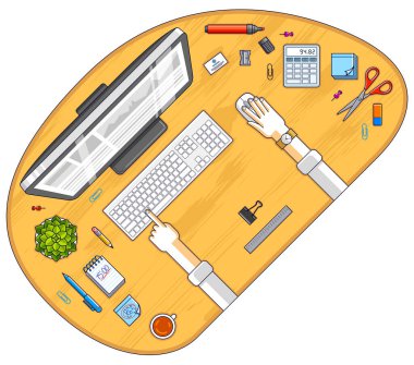 Ofis masası çalışma alanı üst görünümü ofis çalışanı veya girişimci elleri, bilgisayar ve iş için çeşitli kırtasiye eşyaları ile. Tüm elementleri ayrı ayrı kullanmak kolaydır. Vektör illüstrasyonu.