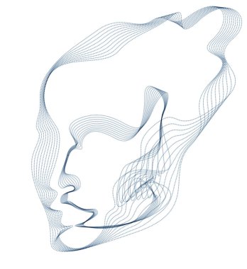 Makinenin dijital ruhu, yapay zeka yazılımı insan kafasının noktalı parçacıkların dalga çizgilerinden oluştuğunu görselleştirme. Evrimin teknik dönemi.