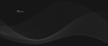 Hareket vektöründeki gri noktalar siyah üzerine soyut arkaplan, parçacıklar dalgalı akış dizisi, hareket, teknoloji ve bilimsel illüstrasyondaki eğri çizgiler.