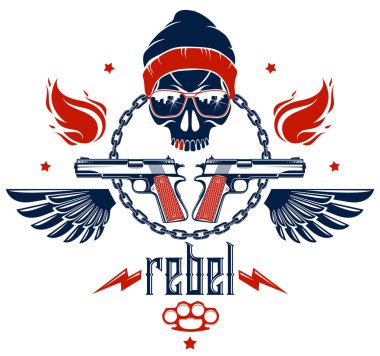 Devrim ve isyan arması veya saldırgan kafatası, silah ve farklı tasarım unsurları, vektör dövmesi, anarşi ve kaos, isyancı partizan ve devrimci.