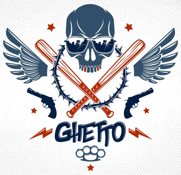 Banda Brutal Emblema Criminal Logotipo Con Agresivos Murciélagos Béisbol Cráneo — Vector de stock