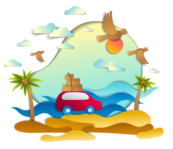 Auto Rossa Con Bagaglio Panoramico Paesaggio Marino Con Spiaggia Palme — Vettoriale Stock
