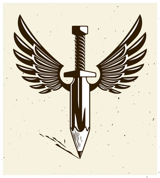 意念是一个武器概念 一个设计师或艺术家的武器寓言显示为有翼的剑与铅笔 而不是刀片 创造力 矢量标志或图标 — 图库矢量图片