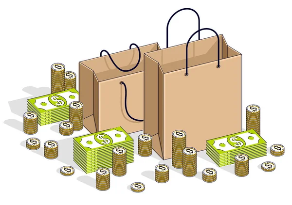 Kiárusítás Koncepció Kiskereskedelmi Nagy Eladó Bevásárlótáska Cash Money Stack Elszigetelt — Stock Vector