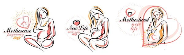 妊婦ベクトル手描きイラストセット白地に隔離された 妊娠中の赤ちゃんのシャワーのテーマ 美しい女性の母親の新しい生活 — ストックベクタ