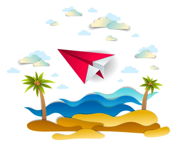 Origami Kağıt Uçak Oyuncak Oyuncak Jet Bulutlar Deniz Ile Okyanus — Stok Vektör