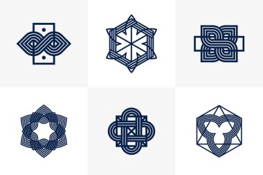 Birleştirilmiş çizgiler, vintage biçim simgeleri koleksiyonu, soyut geometrik doğrusal semboller vektör kümesi, logo oluşturma için grafik tasarım ögeleri.