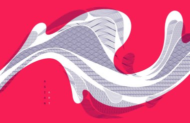 Japon stili soyut çizimler kırmızı renkte, arka plan Asya geleneksel tarzında, dalgalı şekiller ve dağlık arazi deniz hatları gibi akıcı..