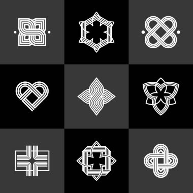 Logo oluşturma için grafik tasarım ögeleri, iç içe geçmiş çizgiler vintage biçim simgeleri koleksiyonu, soyut geometrik doğrusal semboller vektör kümesi.