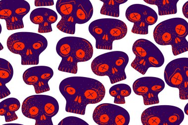 Kafatasları pürüzsüz tekstil deseni, korku heykelleri sonsuz duvar kağıdı arka planı, çizgi film stili, ölüm ve heavy metal kültürü müzik teması.