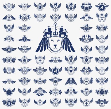 Klasik Heraldik amblem vektör seti, antika herallik sembolik rozetler ve ödüller koleksiyonu, klasik tarz tasarım unsurları, aile amblemleri.