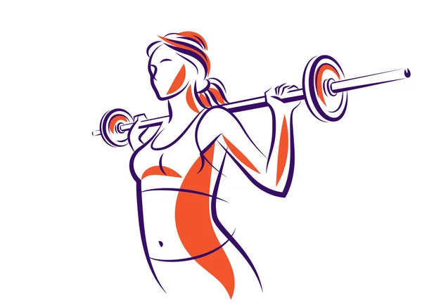 Young Attractive Woman Perfect Muscular Body Training Barbell Vector Illustration — Vector de stock
