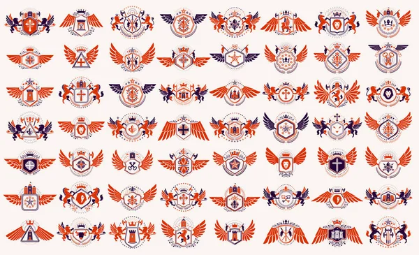 Vintage Heraldic Emblems Vector Big Set Antique Heraldry Symbolic Badges — Stock Vector
