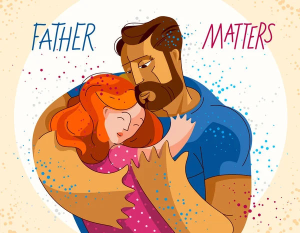 父亲用爱心 父爱和养育子女来拥抱他的小女儿 这是家庭生活方式的一个很好的例证 — 图库矢量图片