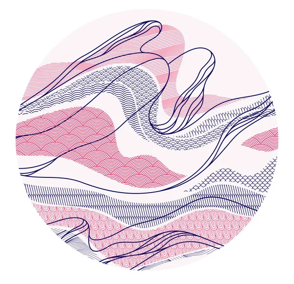 円の形 アジアの伝統的なスタイルの背景 波状の形と山の地形 海線のように走る東洋の日本スタイルのベクトル抽象的なイラスト — ストックベクタ