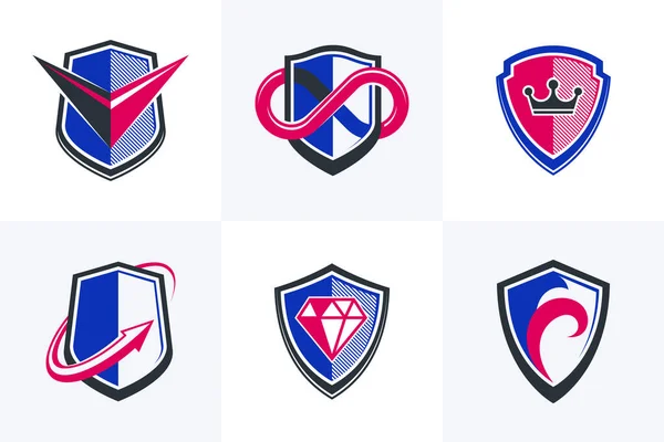 Classic Shields Shapes Set Different Additional Elements Vector Symbols Set — Stok Vektör