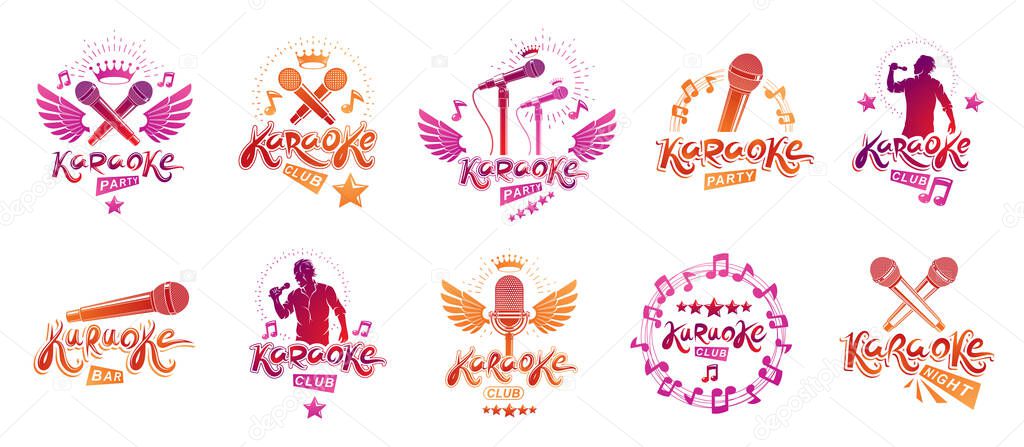 Karaoke party or club logos and emblems vector set isolated, singing music nightlife entertainment weekend theme, microphones and musical notes compositions.