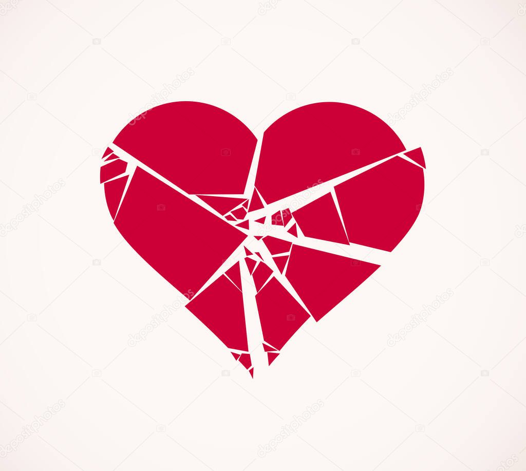 Heart broken to pieces like a glass vector logo or icon, broken heart concept, breakup or divorce, heartbreak regret, separated couple, tragic love.