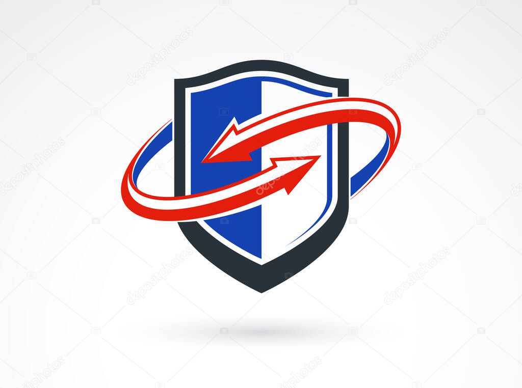Shield with arrows logo vector, ammo protection symbol, antivirus or sport theme, insurance or guarantee.