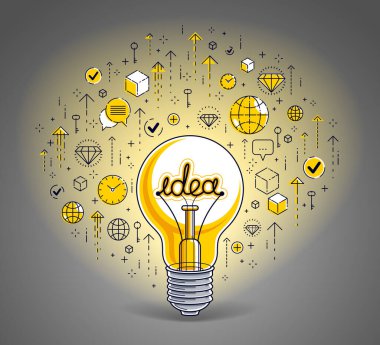 Parlak ampul ve simgeler, iş fikri yaratıcı kavram, e-ticaret alegorisi, İnternet işi, pazar yeri veya çevrimiçi dükkan, vektör illüstrasyonu.