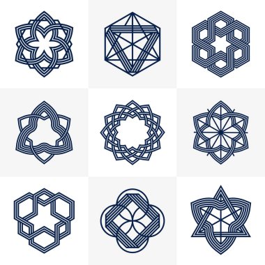Soyut geometrik doğrusal semboller vektör seti, logo oluşturma için grafik tasarım unsurları, iç içe geçmiş çizgiler vintage biçim simgeleri koleksiyonu.