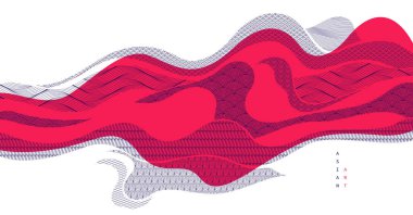 Soyut oryantal Japon sanat vektörü arka planı kırmızı renk, geleneksel stil tasarımı, dalgalı şekiller ve dağlık arazi, deniz hatları gibi akışkan..