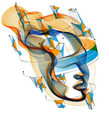 Makinenin dijital yazılım ruhu, teknokrat zaman evrimi ruhu, noktalı parçacık akış dizisinden yapılmış insan kafa vektör çizimi fikri.