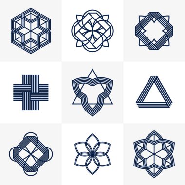 Birleştirilmiş çizgiler, vintage biçim simgeleri koleksiyonu, soyut geometrik doğrusal semboller vektör kümesi, logo oluşturma için grafik tasarım ögeleri.