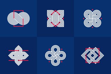 Logo oluşturma için grafik tasarım ögeleri, iç içe geçmiş çizgiler vintage biçim simgeleri koleksiyonu, soyut geometrik doğrusal semboller vektör kümesi.