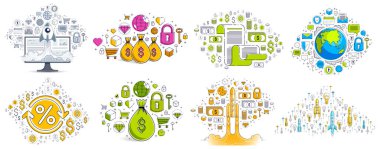 Farklı işletme parası ve finans kavramları vektör illüstrasyonları seti, modaya uygun tasarım çizimleri ticari tema koleksiyonu, birçok simge ve sembol dahil olmak üzere ayrı olarak kullanılabilir, elementler ayrı olarak kullanılabilir.