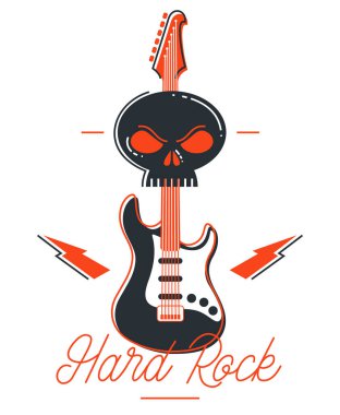 Hard rock ve heavy metal amblemi veya logo vektör düz stil illüstrasyonu izole edilmiş, ölü kafataslı elektro gitar, kayıt şirketi veya müzik grubu için logotype.