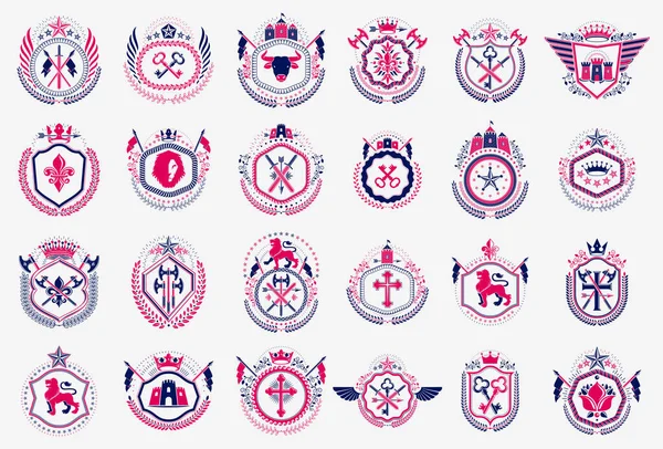 Vintage Heraldische Emblemen Vector Grote Set Antieke Heraldiek Symbolische Badges — Stockvector