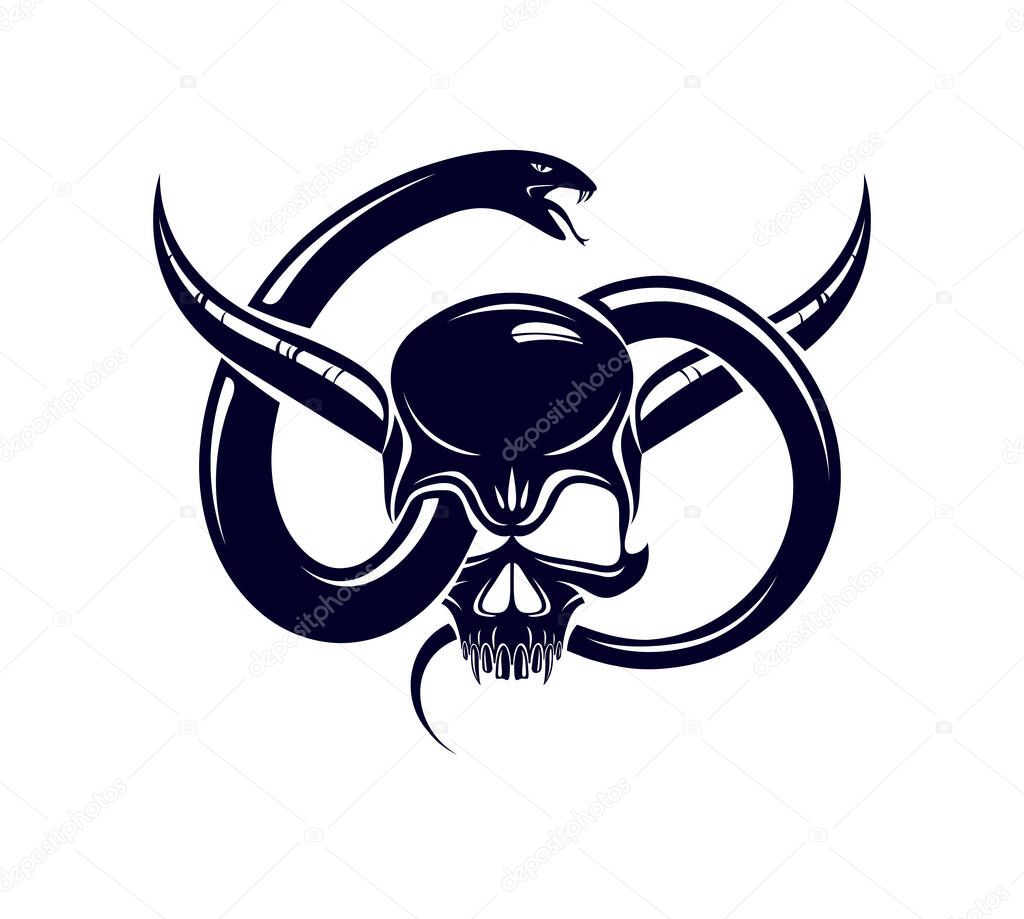 Horned skull with snake devil evil sign, vintage vector design of classic style crest, coat of arms, death and rebirth concept tattoo,