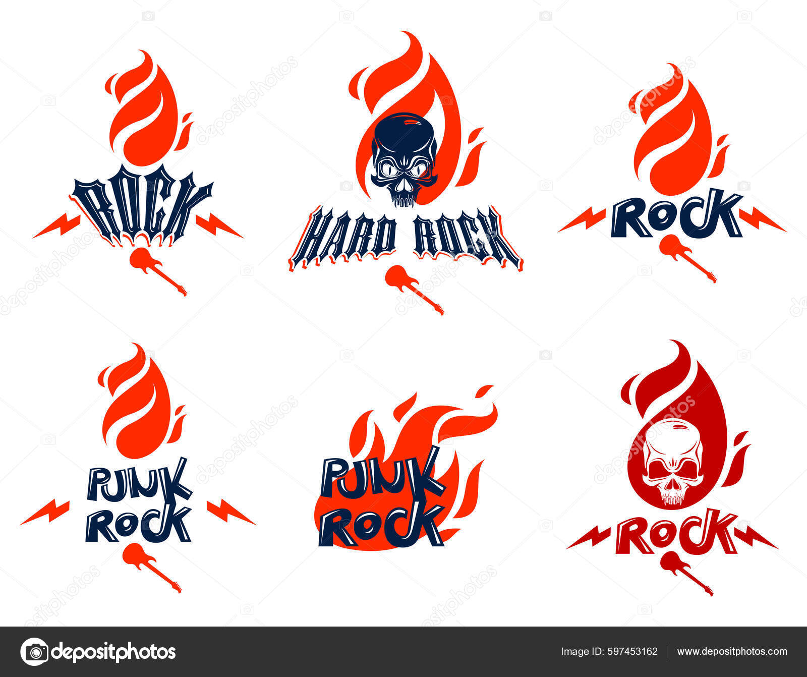 Череп Огне Hard Rock Music Vector Logos Members Set Агрессивный.