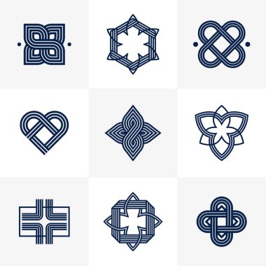 Birleştirilmiş çizgiler, vintage biçim simgeleri koleksiyonu, soyut geometrik doğrusal semboller vektör kümesi, logo oluşturma için grafik tasarım ögeleri.