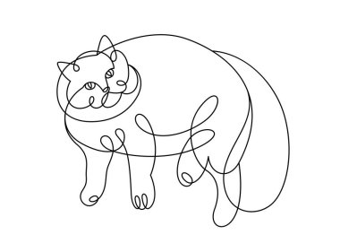 Fat and lazy cat line art vector illustration, linear drawing of pussycat relaxing, minimal outline sketch of cute domestic pet.