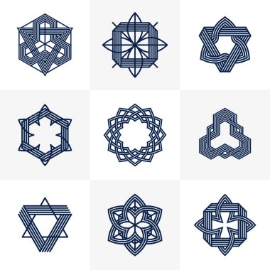 Birleştirilmiş çizgiler, vintage biçim simgeleri koleksiyonu, soyut geometrik doğrusal semboller vektör kümesi, logo oluşturma için grafik tasarım ögeleri.